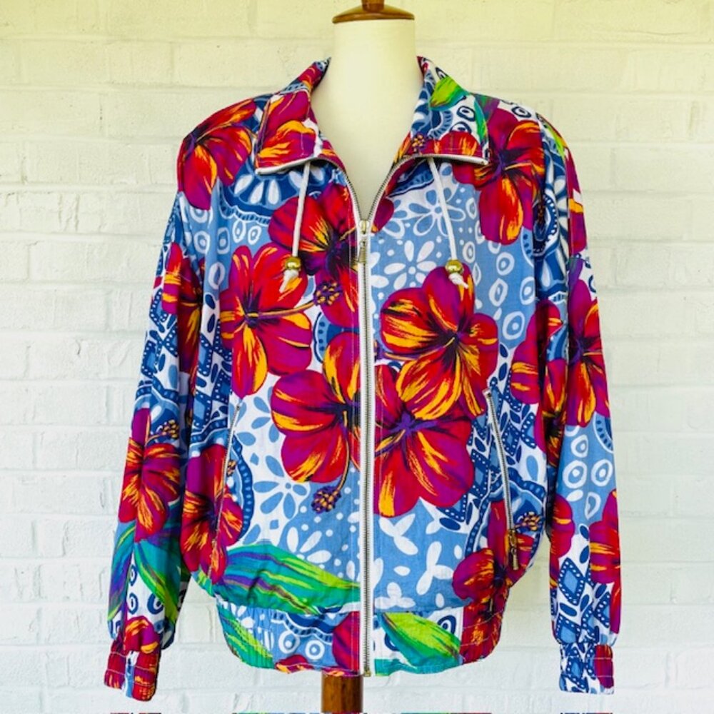 Vtg 80-90s Andy Johns Floral Windbreaker Jacket Sz M Tropical Hawaiian Nylon